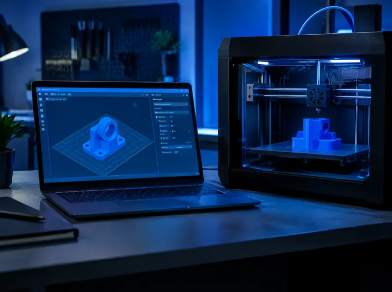 Laptop mit 3D-Modell in der Slicer-Software neben einem 3D-Drucker, der das Teil druckt