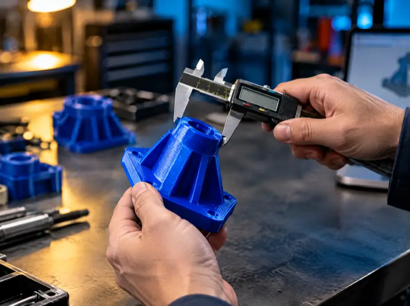 Ein 3D-gedruckter Prototyp wird mit einem digitalen Messschieber vermessen